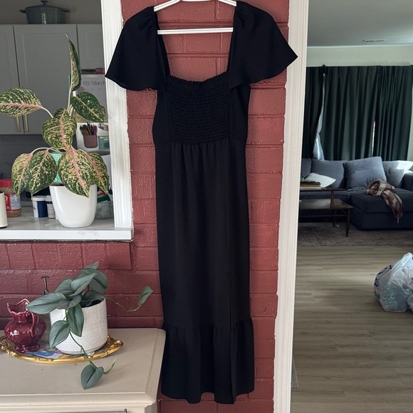 Show Me Your MuMu Dresses & Skirts - Show Me Your Mumu Black Midi Dress with Smocked Bodice, Flutter Sleeves, & Slit